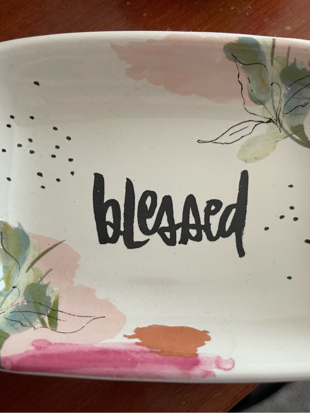 Blessed Ceramic Decorative Plate - White with Pink and Green Accents